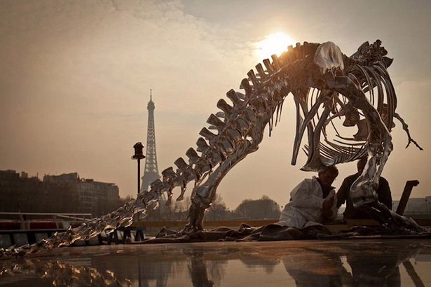 "Soaring over the seine river in Paris sits a life-size Tyrannosaurus-Rex sculpture, conceived and constructed by french artist Philippe Pasqua."